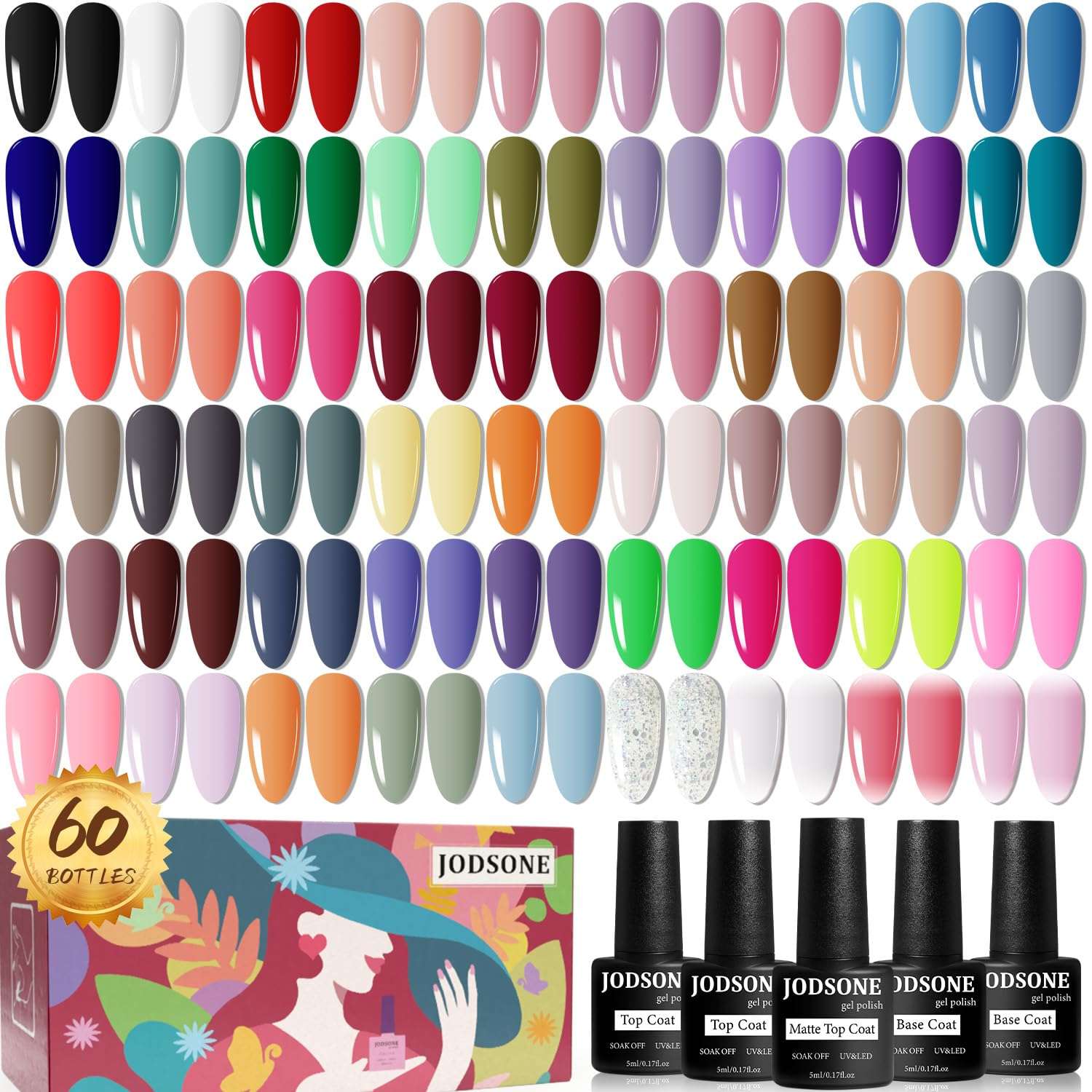 JODSONE 60 PCS Gel Nail Polish Set with 5 Bottles of Base and Glossy Matte Top Coat Soak off Gel Nail Set Suitable for All Seasons Gifts - Image 1