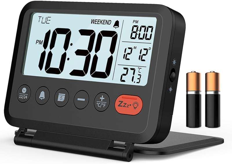 MeesMeek Digital Travel Alarm Clock, Black, 3.54 inch LCD Display, 9-Minute Snooze, 2 Volume Levels, Backlight, Battery Included - Image 1