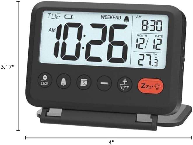 MeesMeek Digital Travel Alarm Clock, Black, 3.54 inch LCD Display, 9-Minute Snooze, 2 Volume Levels, Backlight, Battery Included - Image 2