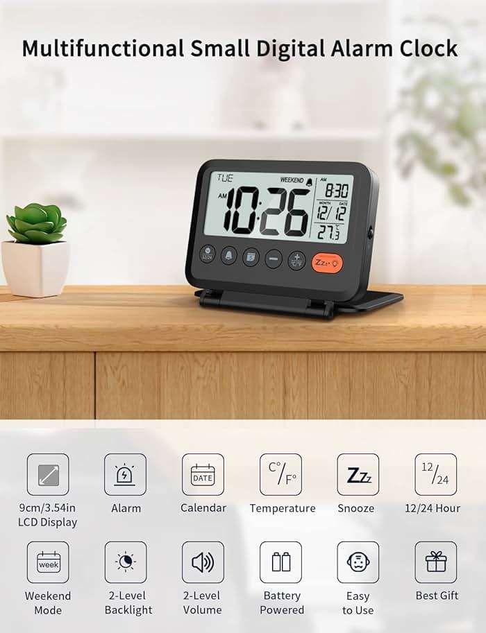 MeesMeek Digital Travel Alarm Clock, Black, 3.54 inch LCD Display, 9-Minute Snooze, 2 Volume Levels, Backlight, Battery Included - Image 3