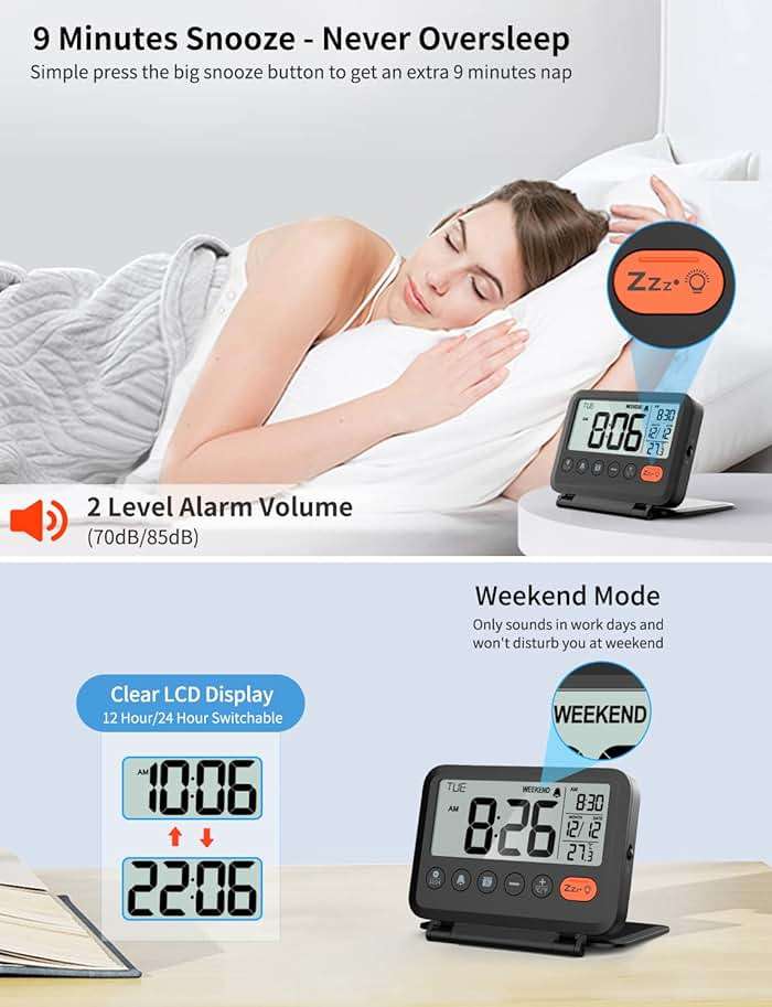 MeesMeek Digital Travel Alarm Clock, Black, 3.54 inch LCD Display, 9-Minute Snooze, 2 Volume Levels, Backlight, Battery Included - Image 4
