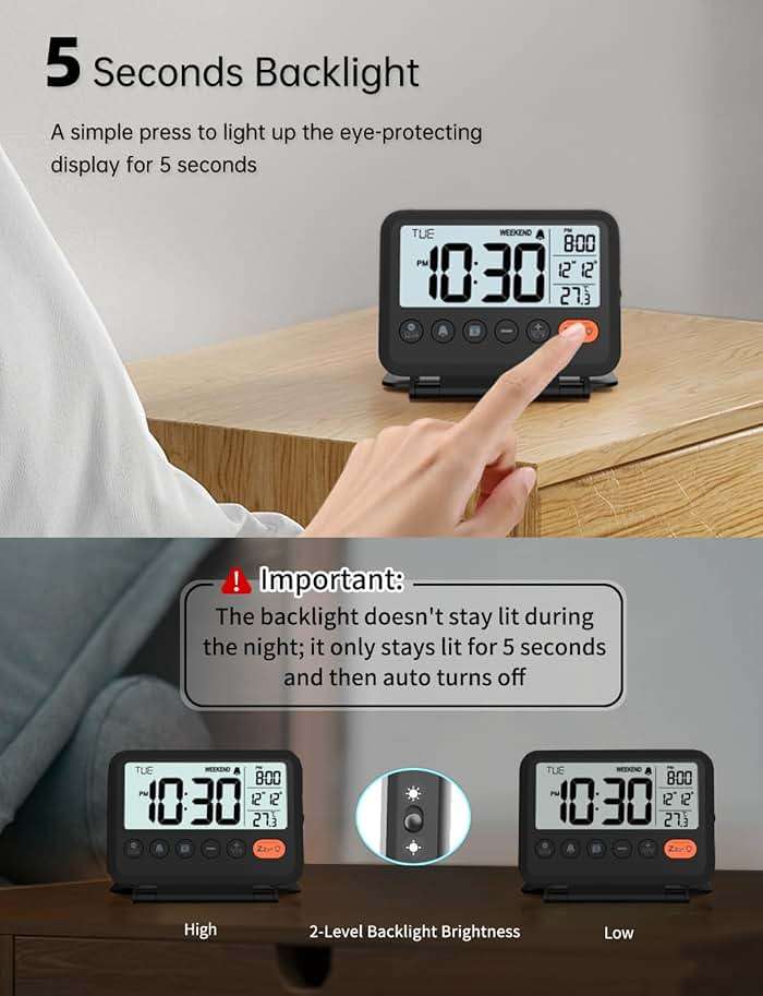 MeesMeek Digital Travel Alarm Clock, Black, 3.54 inch LCD Display, 9-Minute Snooze, 2 Volume Levels, Backlight, Battery Included - Image 5