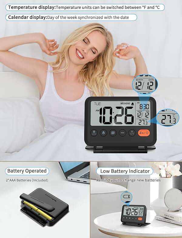 MeesMeek Digital Travel Alarm Clock, Black, 3.54 inch LCD Display, 9-Minute Snooze, 2 Volume Levels, Backlight, Battery Included - Image 6