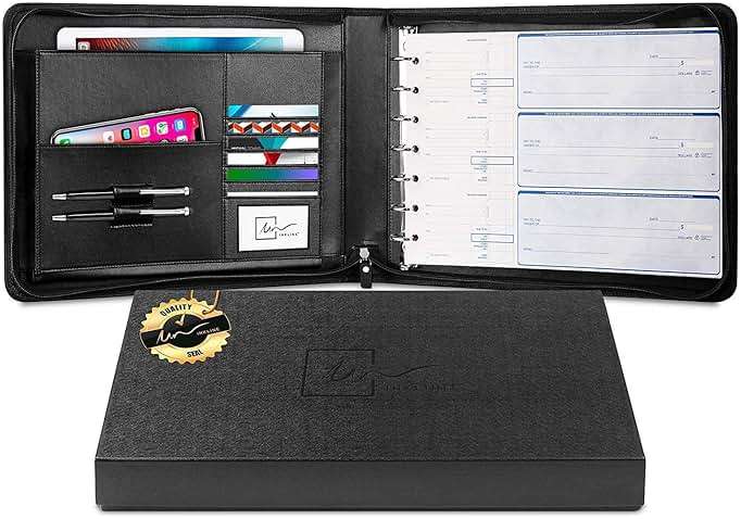 Inkline 7 Ring Check Binder Portfolio -Professional PU Leather Binder with Zippered Closure -500 Check Capacity -9x13 Inch Sheets -Document & Card Organizer -Large Tablet Pocket - Brown (80006) - Image 1