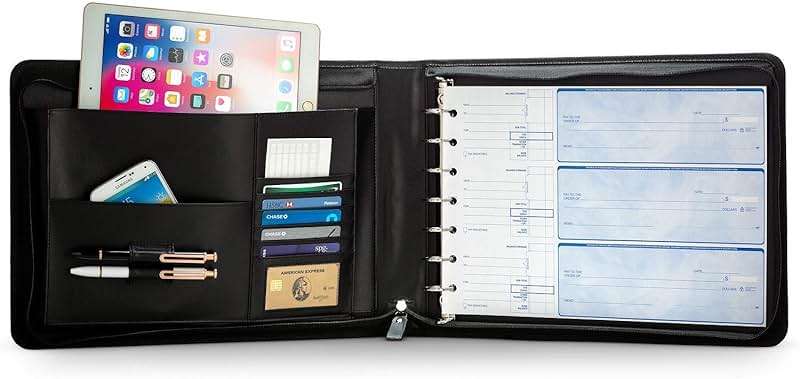 Inkline 7 Ring Check Binder Portfolio -Professional PU Leather Binder with Zippered Closure -500 Check Capacity -9x13 Inch Sheets -Document & Card Organizer -Large Tablet Pocket - Brown (80006) - Image 8