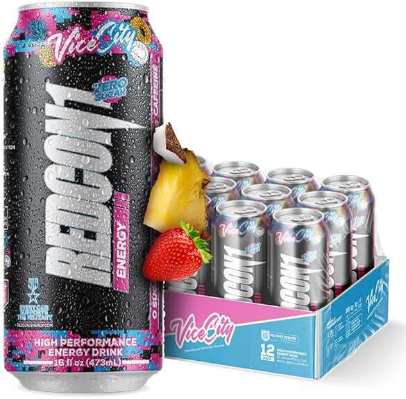 REDCON1 Energy High Performance Drink, Vice City - Zero Sugar Energy Drink with Alpha GPC Nootropic - 200mg of Natural Caffeine from Green Coffee Beans - Vitamin B6, B12 & B5 to Boost Mood (12 ct) - Image 1
