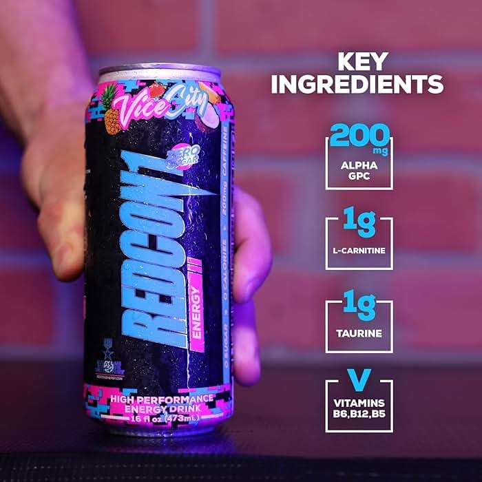 REDCON1 Energy High Performance Drink, Vice City - Zero Sugar Energy Drink with Alpha GPC Nootropic - 200mg of Natural Caffeine from Green Coffee Beans - Vitamin B6, B12 & B5 to Boost Mood (12 ct) - Image 5