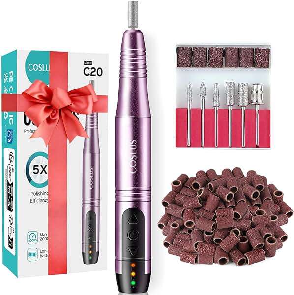 COSLUS C20 Cordless Nail Drill Electric File: Professional for Acrylic Gel Dip Powder Nails, Portable All-in-One Nail Drill Machine Kit for Manicure & Pedicure, Rechargeable Lightweight, Purple - Image 1