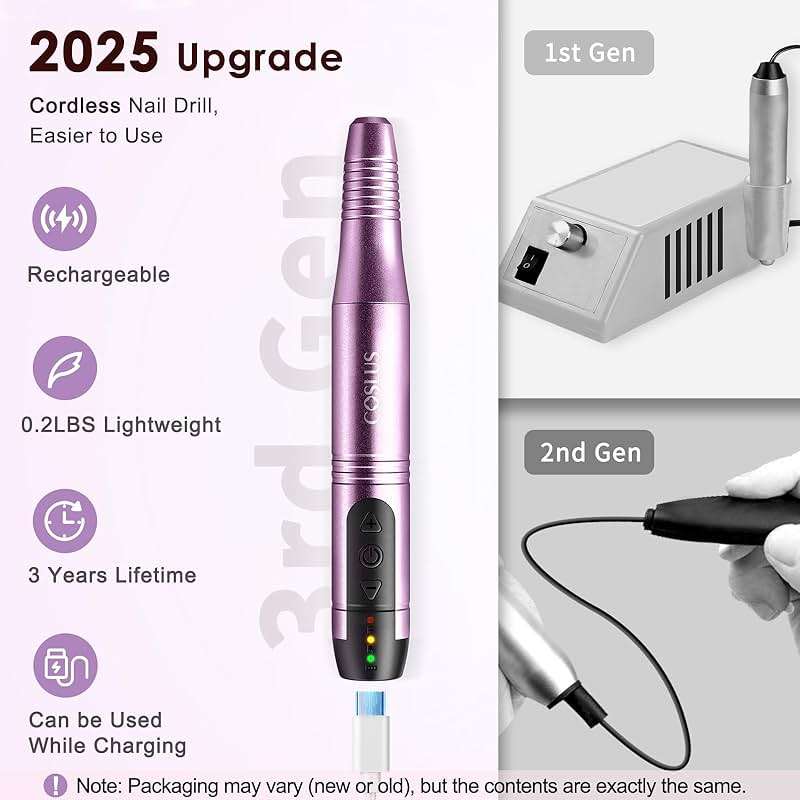 COSLUS C20 Cordless Nail Drill Electric File: Professional for Acrylic Gel Dip Powder Nails, Portable All-in-One Nail Drill Machine Kit for Manicure & Pedicure, Rechargeable Lightweight, Purple - Image 2
