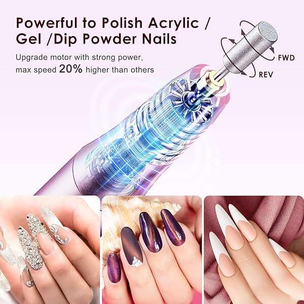COSLUS C20 Cordless Nail Drill Electric File: Professional for Acrylic Gel Dip Powder Nails, Portable All-in-One Nail Drill Machine Kit for Manicure & Pedicure, Rechargeable Lightweight, Purple - Image 4