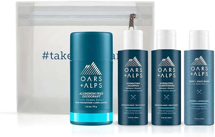 Oars + Alps Hair and Body Travel Kit for Men, Includes Sulfate Free Shampoo, Conditioner, Body Wash, Deodorant, and Reusable Pouch, TSA Friendly, Fresh Ocean Splash Scent - Image 1