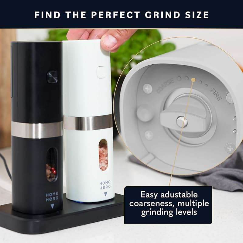 Home Hero Electric Salt and Pepper Grinder Set - Automatic Salt and Pepper Grinder Set Rechargeable. Electronic Salt and Pepper Shakers with LED Light, Electric Pepper Grinder & Salt Grinder, Set of 2 - Image 3