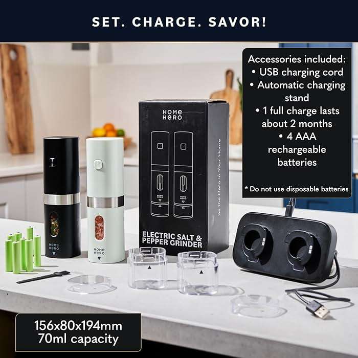 Home Hero Electric Salt and Pepper Grinder Set - Automatic Salt and Pepper Grinder Set Rechargeable. Electronic Salt and Pepper Shakers with LED Light, Electric Pepper Grinder & Salt Grinder, Set of 2 - Image 7