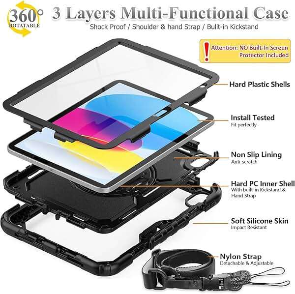 BMOUO Case for iPad (A16) 11th Generation 11" 2025/iPad 10th Generation 10.9 inch 2022, 360 Rotating Stand & Pencil Holder & Hand & Shoulder Strap Shockproof iPad 11th/10th Generation Case, Black - Image 3