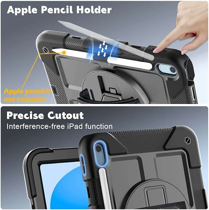BMOUO Case for iPad (A16) 11th Generation 11" 2025/iPad 10th Generation 10.9 inch 2022, 360 Rotating Stand & Pencil Holder & Hand & Shoulder Strap Shockproof iPad 11th/10th Generation Case, Black - Image 4