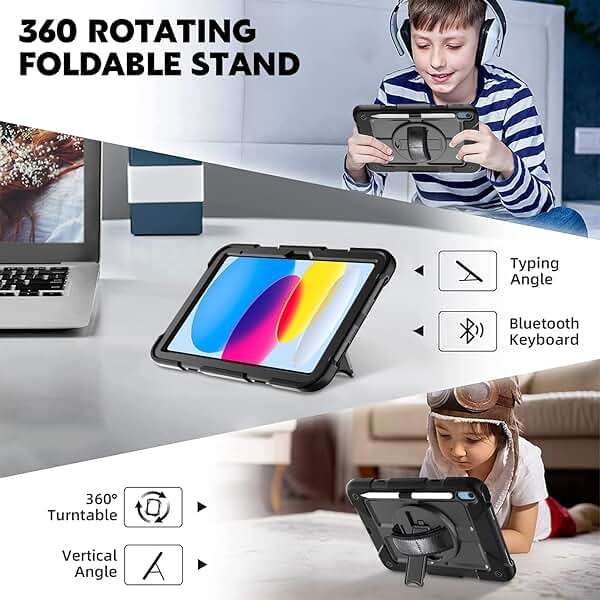 BMOUO Case for iPad (A16) 11th Generation 11" 2025/iPad 10th Generation 10.9 inch 2022, 360 Rotating Stand & Pencil Holder & Hand & Shoulder Strap Shockproof iPad 11th/10th Generation Case, Black - Image 6