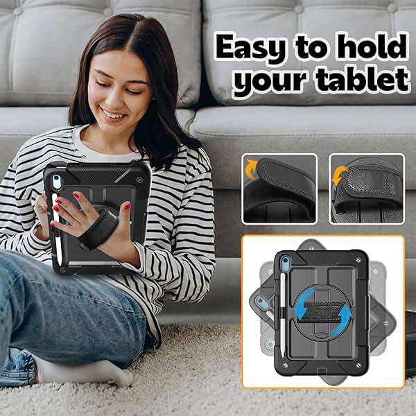 BMOUO Case for iPad (A16) 11th Generation 11" 2025/iPad 10th Generation 10.9 inch 2022, 360 Rotating Stand & Pencil Holder & Hand & Shoulder Strap Shockproof iPad 11th/10th Generation Case, Black - Image 7