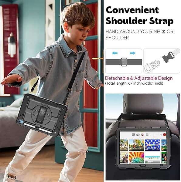 BMOUO Case for iPad (A16) 11th Generation 11" 2025/iPad 10th Generation 10.9 inch 2022, 360 Rotating Stand & Pencil Holder & Hand & Shoulder Strap Shockproof iPad 11th/10th Generation Case, Black - Image 8