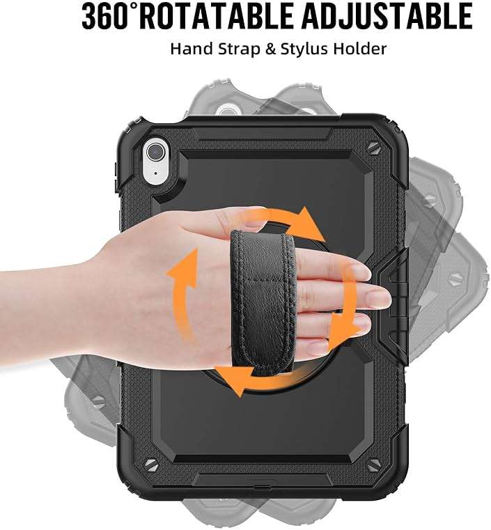 BLOSOMEET Case for iPad A16 11th/10th Generation 11''/10.9'' 2025/2022 with Tempered Glass Screen Protector & Pencil Holder, Rugged Military Grade Cover w/Stand Hand Shoulder Strap, Black - Image 4