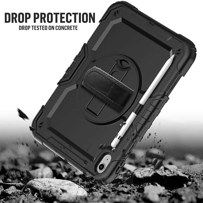 BLOSOMEET Case for iPad A16 11th/10th Generation 11''/10.9'' 2025/2022 with Tempered Glass Screen Protector & Pencil Holder, Rugged Military Grade Cover w/Stand Hand Shoulder Strap, Black - Image 7