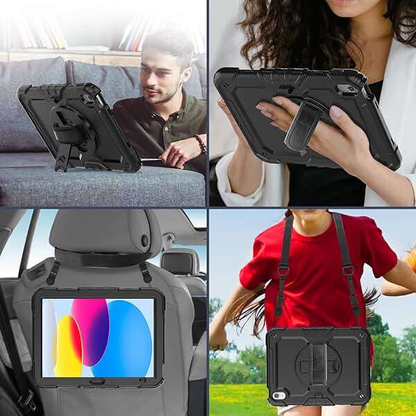 BLOSOMEET Case for iPad A16 11th/10th Generation 11''/10.9'' 2025/2022 with Tempered Glass Screen Protector & Pencil Holder, Rugged Military Grade Cover w/Stand Hand Shoulder Strap, Black - Image 8