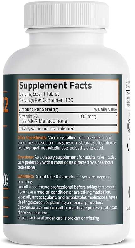 Bronson Vitamin K2 MK-7 100 MCG, K2 as MK7 Menaquinone, Bone Support Non-GMO, 120 Tablets - Image 2