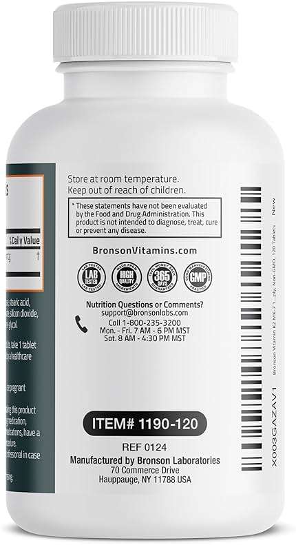 Bronson Vitamin K2 MK-7 100 MCG, K2 as MK7 Menaquinone, Bone Support Non-GMO, 120 Tablets - Image 7