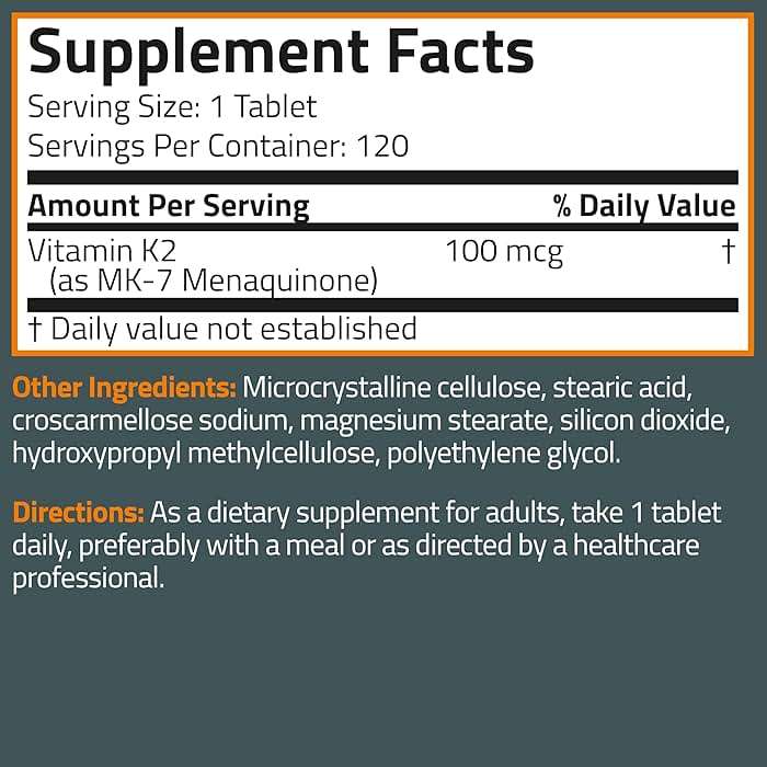 Bronson Vitamin K2 MK-7 100 MCG, K2 as MK7 Menaquinone, Bone Support Non-GMO, 120 Tablets - Image 8