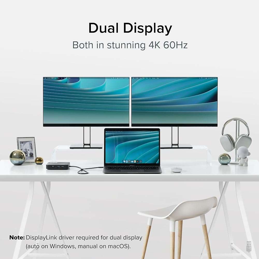 Plugable 7-in-1 USB-C DisplayLink Dock – Dual 4K 60Hz HDMI, USB-C & USB-A (10Gbps), SD Card, Gigabit Ethernet, 100W PD Charging – Compatible with macOS & Windows, MacBook Dual Monitor Support - Image 2