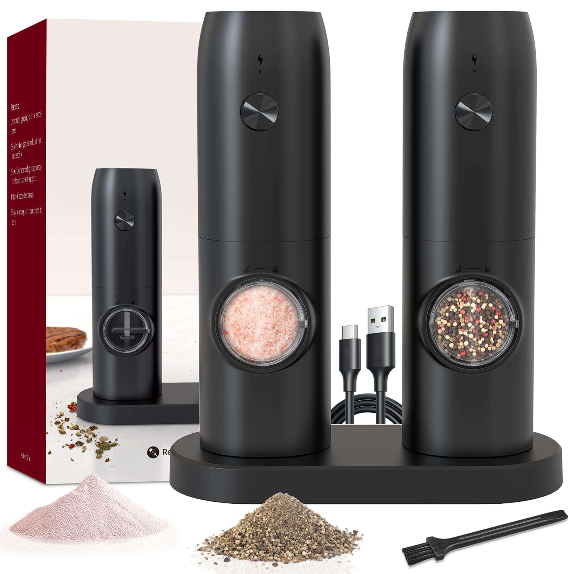 Electric Salt and Pepper Grinder Set of 2, Automatic Pepper Mill,USB Rechargeable, Adjustable Coarseness, One-handed Operation, Ceramic Burr, Refillable, Auto Grinders with Charging Base LED Light - Image 1