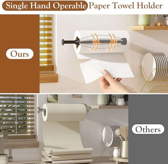 Paper Towel Holder Under Cabinet, Single Hand Operable Wall Mount with Damping Effect, Self-Adhesive or Drilled Paper Roll Holders for Kitchen, Bathroom, RV(2 Towel Robe Hooks) - Image 4