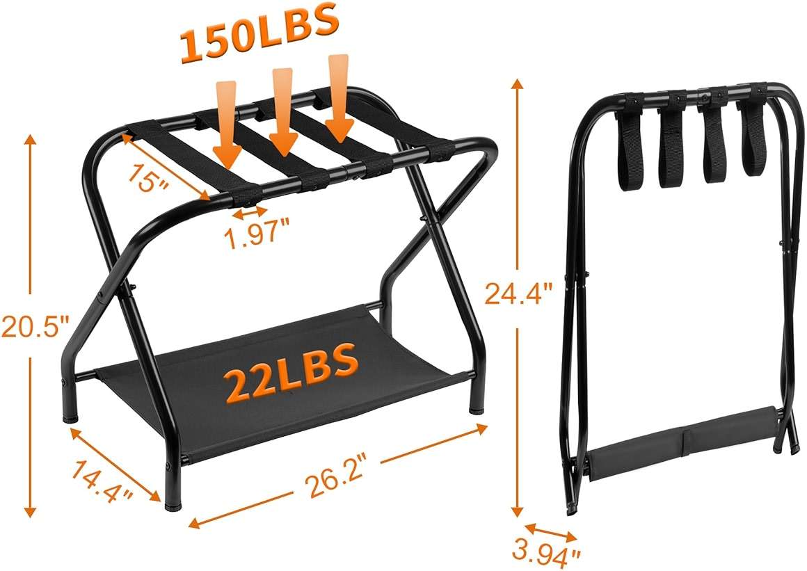 Heybly Luggage Rack for Guest Room, Pack of 2, Steel Folding Suitcase Stand with Storage Shelf for Bedroom, Hotel, Foldable Steel Frame, Guest Room 26.2" L x 14.4" W x 20.5" H, Black HLR004B2 - Image 2