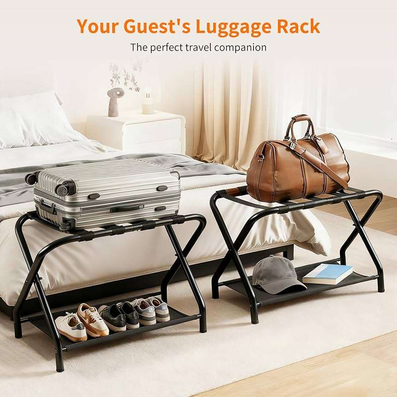 Heybly Luggage Rack for Guest Room, Pack of 2, Steel Folding Suitcase Stand with Storage Shelf for Bedroom, Hotel, Foldable Steel Frame, Guest Room 26.2" L x 14.4" W x 20.5" H, Black HLR004B2 - Image 3
