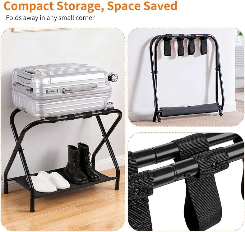 Heybly Luggage Rack for Guest Room, Pack of 2, Steel Folding Suitcase Stand with Storage Shelf for Bedroom, Hotel, Foldable Steel Frame, Guest Room 26.2" L x 14.4" W x 20.5" H, Black HLR004B2 - Image 4