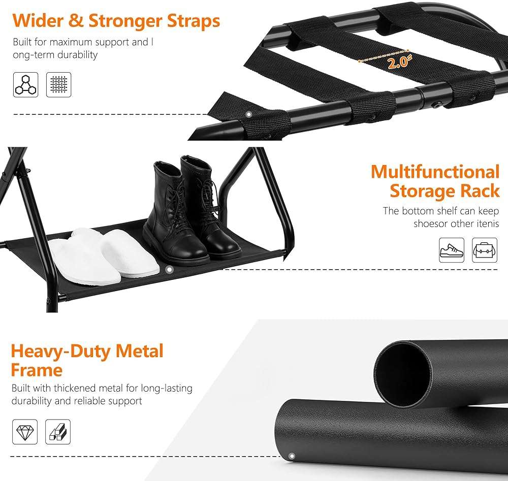 Heybly Luggage Rack for Guest Room, Pack of 2, Steel Folding Suitcase Stand with Storage Shelf for Bedroom, Hotel, Foldable Steel Frame, Guest Room 26.2" L x 14.4" W x 20.5" H, Black HLR004B2 - Image 5
