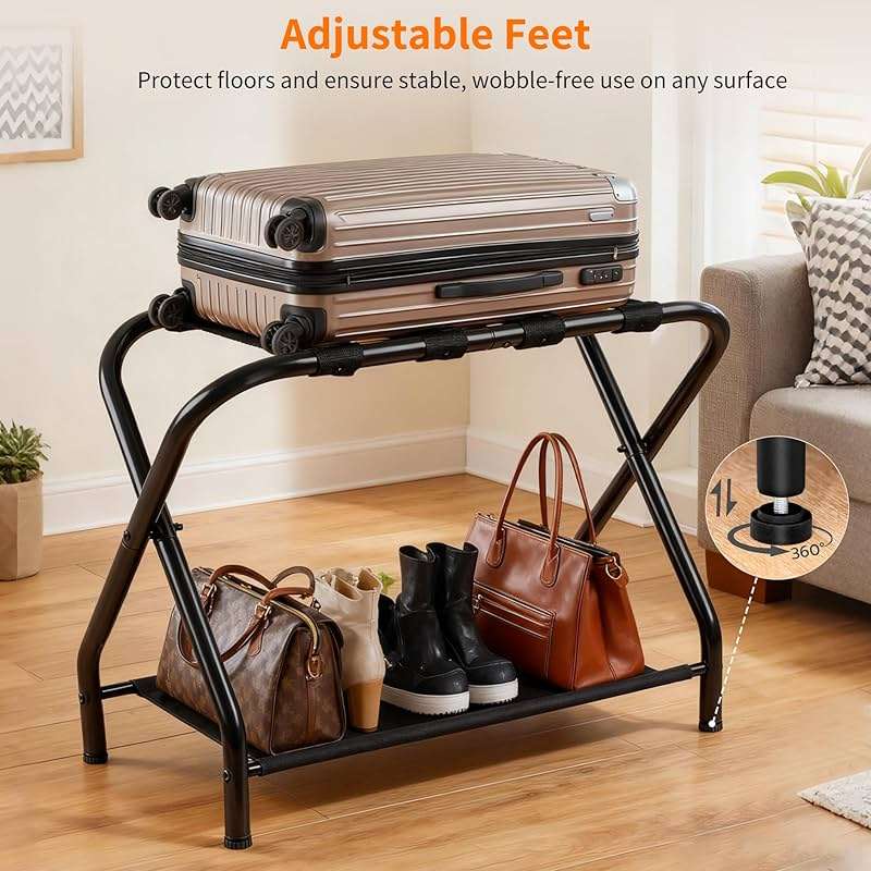 Heybly Luggage Rack for Guest Room, Pack of 2, Steel Folding Suitcase Stand with Storage Shelf for Bedroom, Hotel, Foldable Steel Frame, Guest Room 26.2" L x 14.4" W x 20.5" H, Black HLR004B2 - Image 6