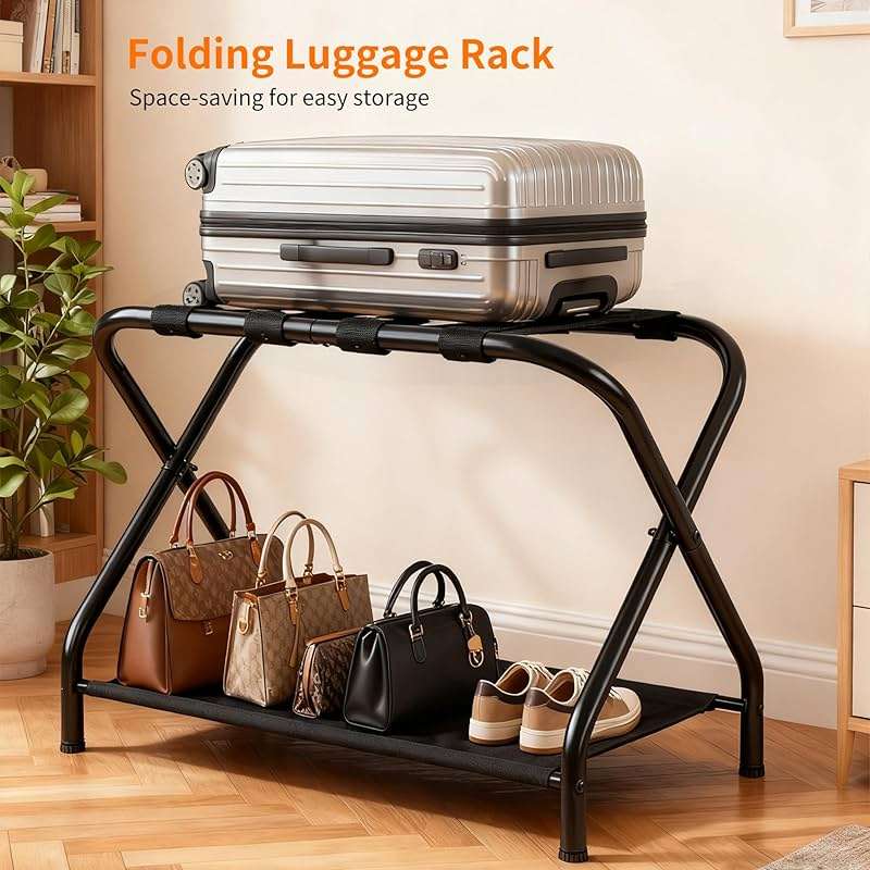Heybly Luggage Rack for Guest Room, Pack of 2, Steel Folding Suitcase Stand with Storage Shelf for Bedroom, Hotel, Foldable Steel Frame, Guest Room 26.2" L x 14.4" W x 20.5" H, Black HLR004B2 - Image 7