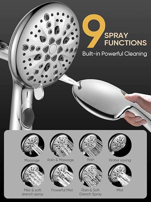 Cobbe 9-Function Shower Head with Built-in Power Spray, 1.8 GPM Water Saving ON/OFF Toggle Switch, High Pressure Handheld Showerhead with 1-Click Pause Button, Brass Bracket & 6ft Hose, Chrome - Image 5