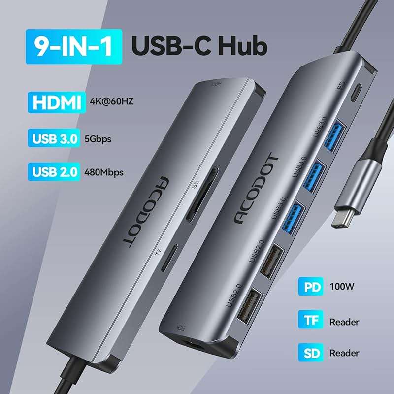 USB C Hub, Acodot 9 in 1 USB C to 4K@60HZ HDMI Multiport Adapter, 3 USB 3.0 Ports, SD/TF Card Reader, 100W PD, Desigend for MacBook Pro Air HP XPS and Other Type C Devices - Image 2