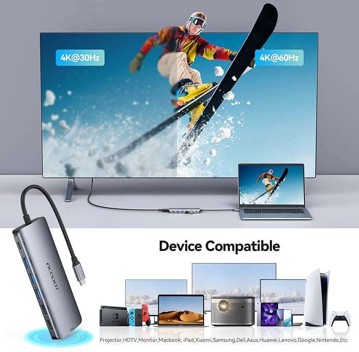 USB C Hub, Acodot 9 in 1 USB C to 4K@60HZ HDMI Multiport Adapter, 3 USB 3.0 Ports, SD/TF Card Reader, 100W PD, Desigend for MacBook Pro Air HP XPS and Other Type C Devices - Image 3