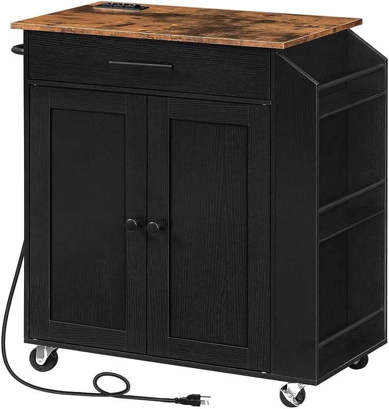 HOOBRO Kitchen Island with Power Outlet, Storage Island with Spice Rack and Drawer, Rolling Kitchen Cart on Wheels, for Home, Dining Room, Rustic Brown and Black - Image 1