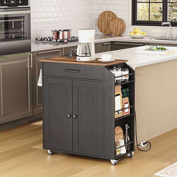 HOOBRO Kitchen Island with Power Outlet, Storage Island with Spice Rack and Drawer, Rolling Kitchen Cart on Wheels, for Home, Dining Room, Rustic Brown and Black - Image 2