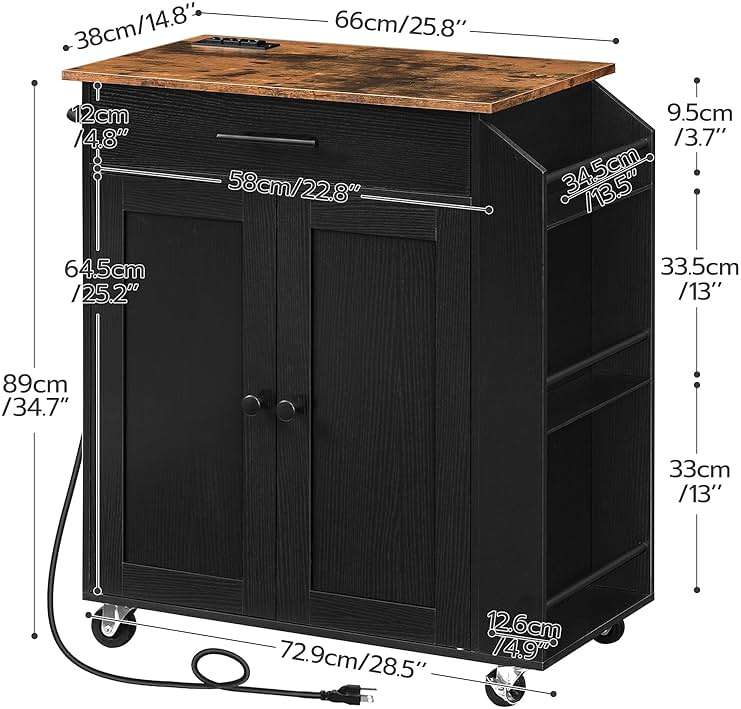HOOBRO Kitchen Island with Power Outlet, Storage Island with Spice Rack and Drawer, Rolling Kitchen Cart on Wheels, for Home, Dining Room, Rustic Brown and Black - Image 3
