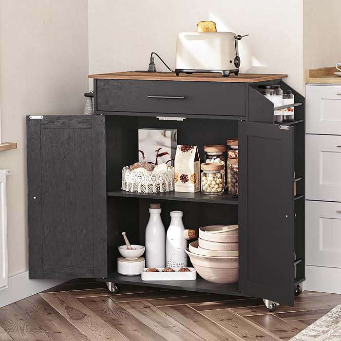 HOOBRO Kitchen Island with Power Outlet, Storage Island with Spice Rack and Drawer, Rolling Kitchen Cart on Wheels, for Home, Dining Room, Rustic Brown and Black - Image 4