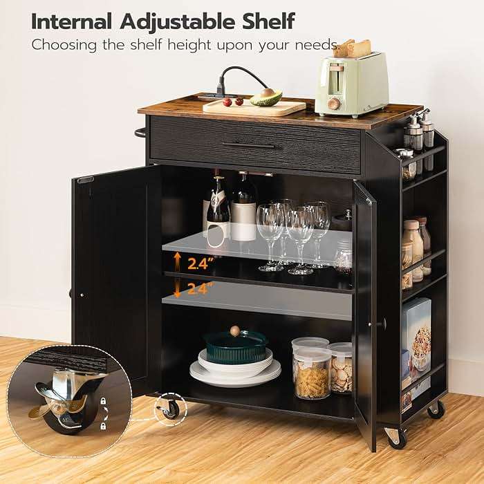 HOOBRO Kitchen Island with Power Outlet, Storage Island with Spice Rack and Drawer, Rolling Kitchen Cart on Wheels, for Home, Dining Room, Rustic Brown and Black - Image 6