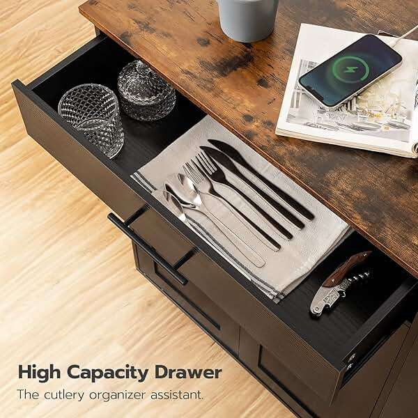HOOBRO Kitchen Island with Power Outlet, Storage Island with Spice Rack and Drawer, Rolling Kitchen Cart on Wheels, for Home, Dining Room, Rustic Brown and Black - Image 9