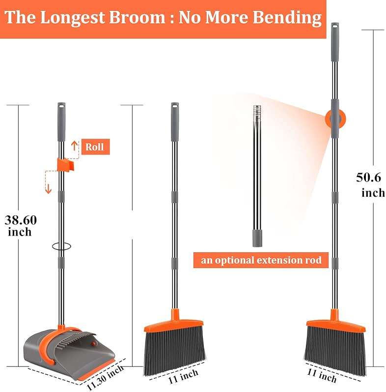 Ivandar Broom and Dustpan Set for Home, Broom and Dustpan Combo for Office, Long Handle Broom with Upright Standing Dust pan,Indoor&Outdoor Sweeping (Gray&Orange) - Image 3