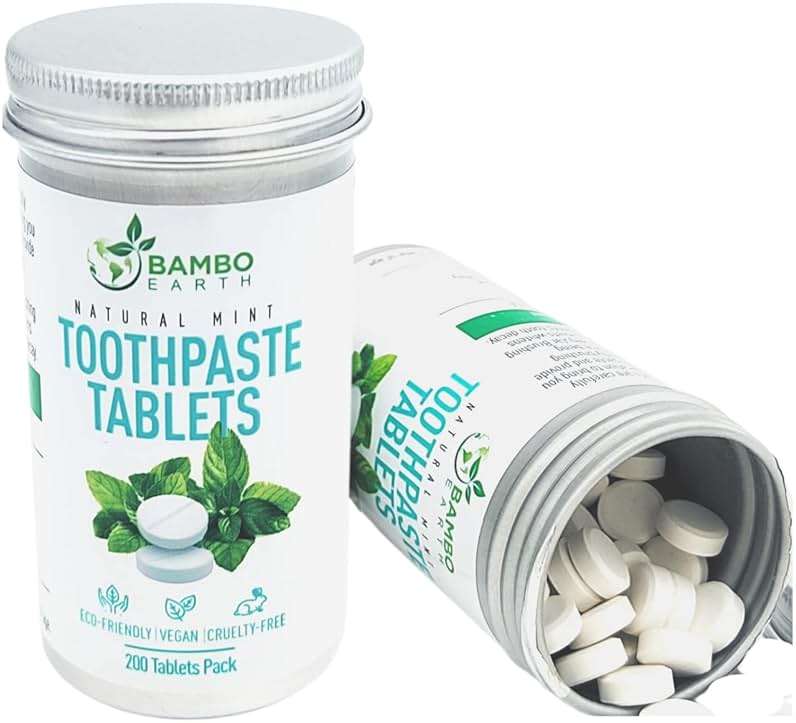 200 Pack Natural Toothpaste Tablet Bits - Chewable Mouthwash Whitening Bite Tablets for Teeth SLS & Fluoride Free Eco & Travel Friendly - Zero Waste Packaging - Mint & Activated Charcoal (Peppermint) - Image 1