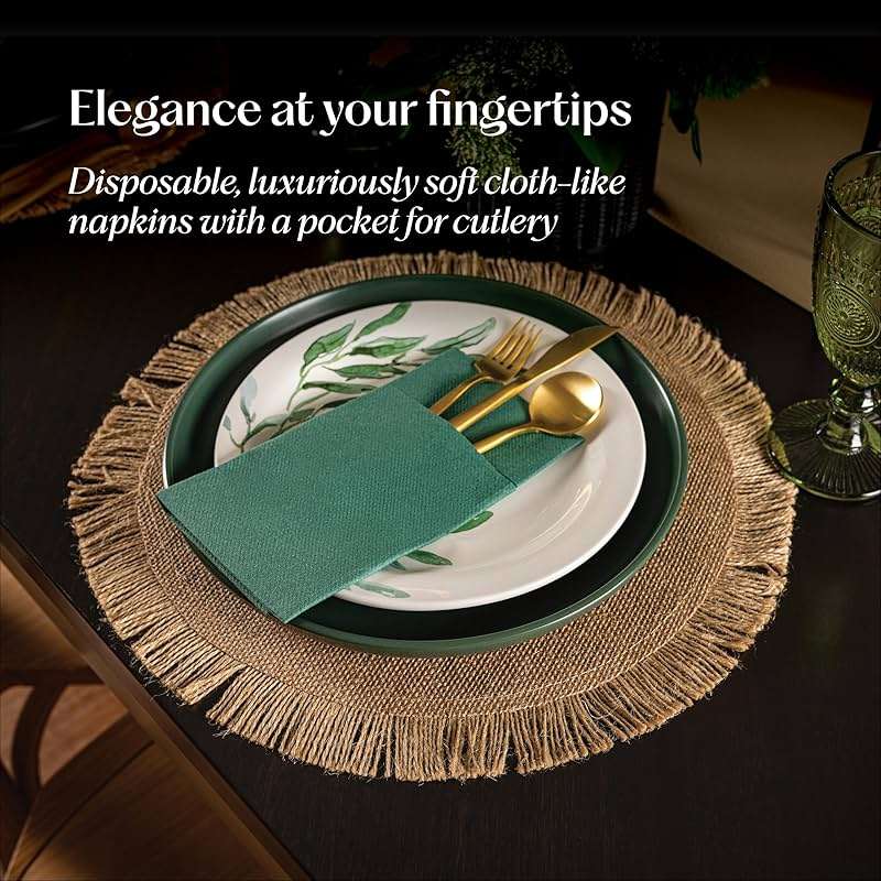 Disposable Linen-Feel Dinner Napkins With Built-in Flatware Pocket, 50-Pack WHITE Prefolded Cloth Like Paper Napkins For Wedding, Dinner Or Party - Image 2