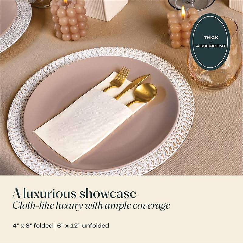 Disposable Linen-Feel Dinner Napkins With Built-in Flatware Pocket, 50-Pack WHITE Prefolded Cloth Like Paper Napkins For Wedding, Dinner Or Party - Image 3